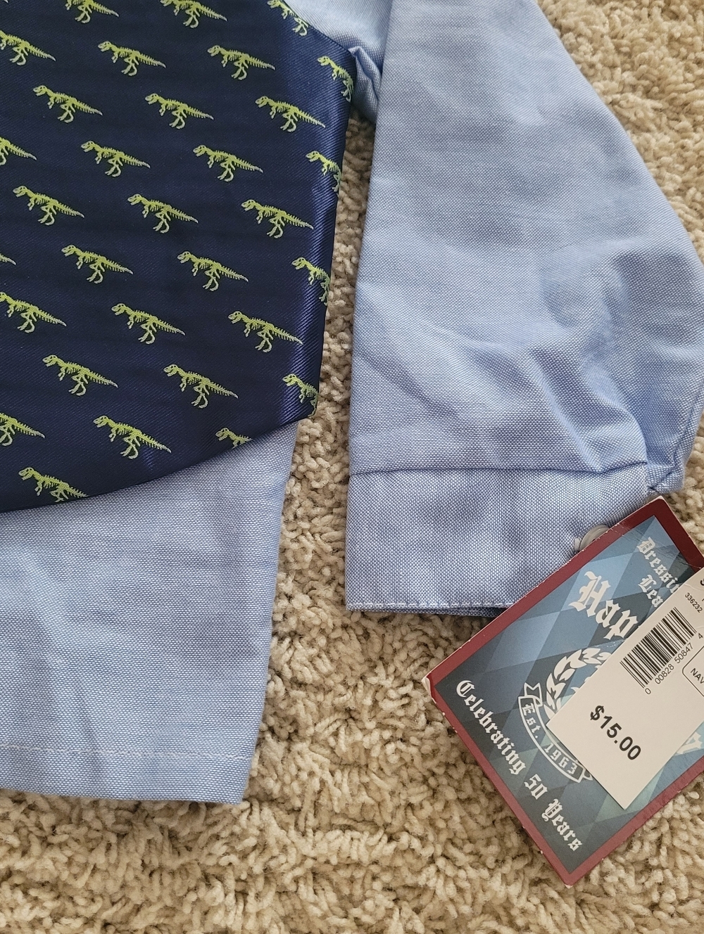 NWT Happy Fella Boys 4T Blue Dresshirt Navy Trex Dinosaur Vest & Tie - Picture 2 of 7